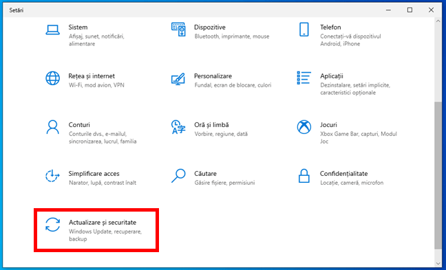 Actualizare È™i securitate Ã®n SetÄƒrile din Windows 10