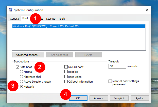 ActiveazÄƒ Safe Boot È™i selecteazÄƒ Network Ã®n msconfig