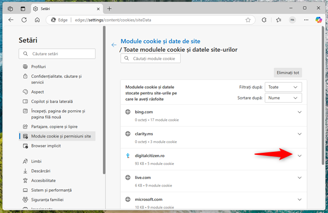 ApasÄ pentru a extinde meniul Èi a vedea cookie-urile unui site