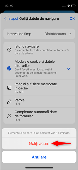 Pe iPhone, apasÄ pe GoliÈi acum pentru a confirma Ètergerea cookie-urilor din Edge