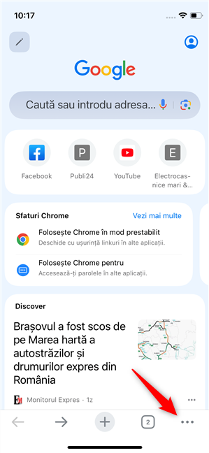 ApasÄ pe butonul cu trei puncte din Chrome pe iPhone
