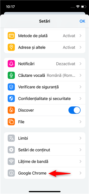 ApasÄ pe Google Chrome la finalul listei SetÄri