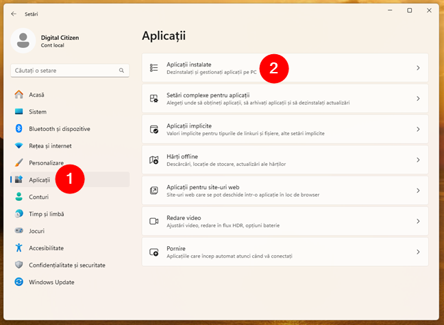 Deschide SetÄri, selecteazÄ AplicaÈii Èi apasÄ pe AplicaÈii instalate