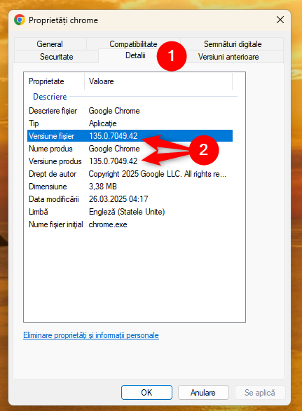 Versiune fiÈier Èi Versiune produs îÈi indicÄ versiunea de Chrome