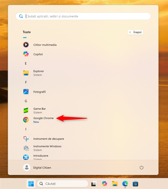 GÄseÈte Èi apasÄ pe Google Chrome în Meniul Start din Windows