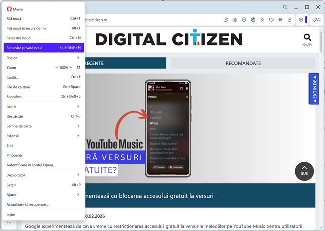Deschide navigarea privat&Auml; &Atilde;&reg;n Opera