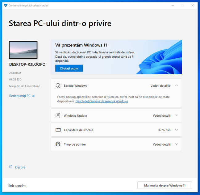 Instrumentul de cerinÈe de sistem Windows 11: aplicaÈia Controlul integritÄÈii calculatorului