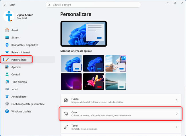 Navigheaz&Auml; la Set&Auml;ri > Personalizare > Culori