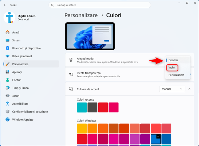 Alege modul &Atilde;nchis pentru Windows 11