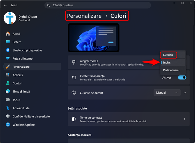 Alege modul Deschis pentru Windows 11
