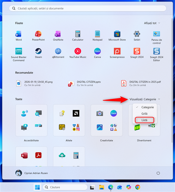 DÄ clic pe VizualizaÈi Èi alege ListÄ sau GrilÄ
