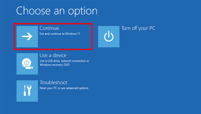 Alege Continue pentru a porni Windows 11 în Safe Mode