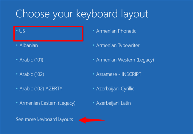 Alege configuraÈia tastaturii pentru unitatea de recuperare