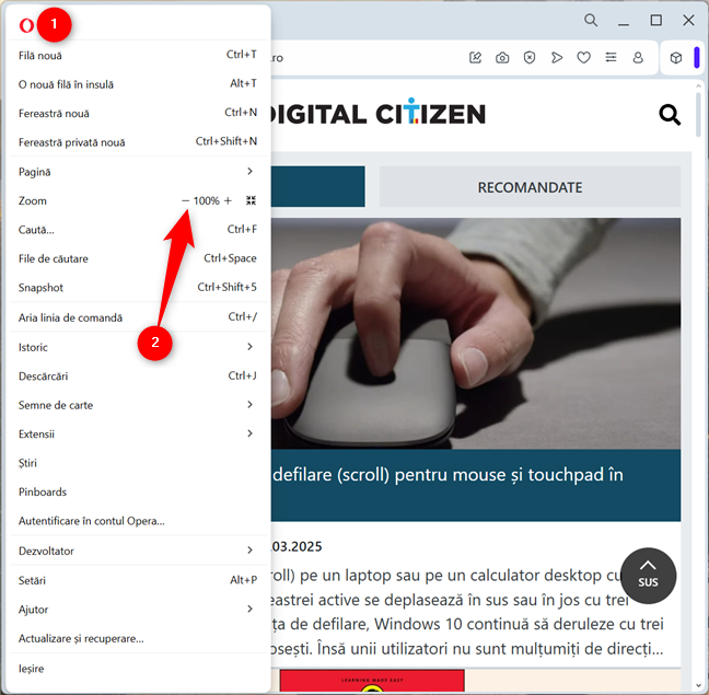 Cum micÈorezi pagini în Opera din meniul browserului