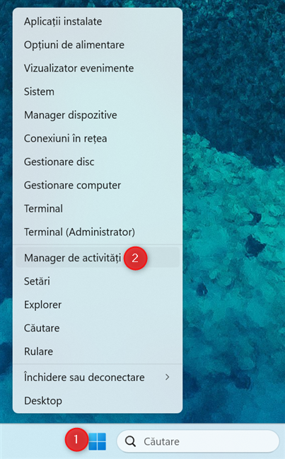 Clic dreapta pe Start, apoi clic pe Manager de activitÄÈi