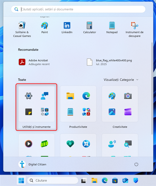 Ãn Meniul Start din Windows 11, acceseaza UtilitÄÈi Èi instrumente