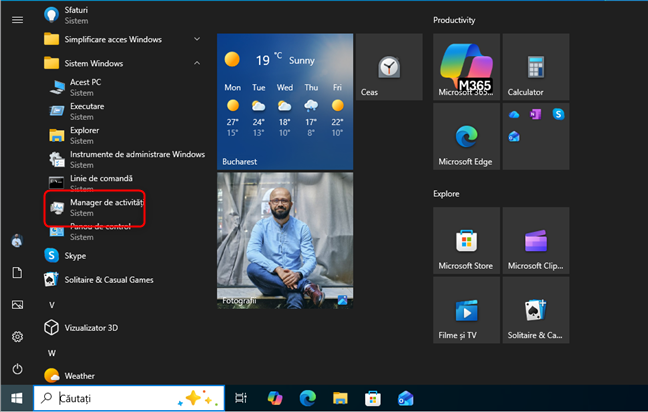Ãn Windows 10, porneÈte Manager de activitÄÈi din Meniul Start