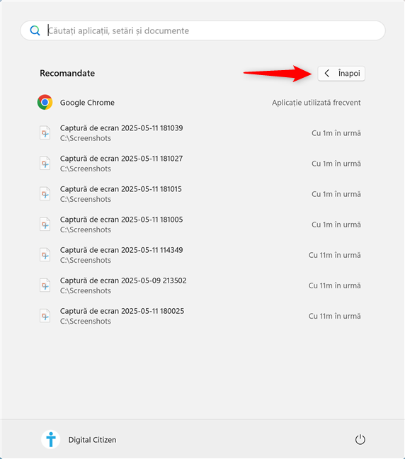 Lista de elemente Recomandate din Meniul Start