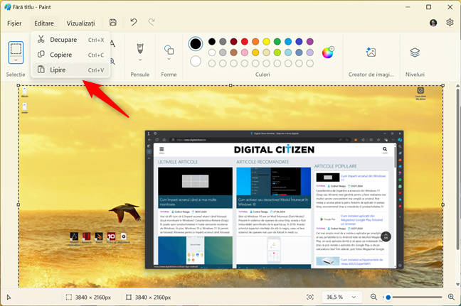 LipeÈte o capturÄ de ecran a ferestrei active în Paint pentru Windows 11