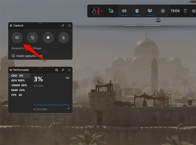 Butonul pentru capturi de ecran din Xbox Game Bar în Windows 11