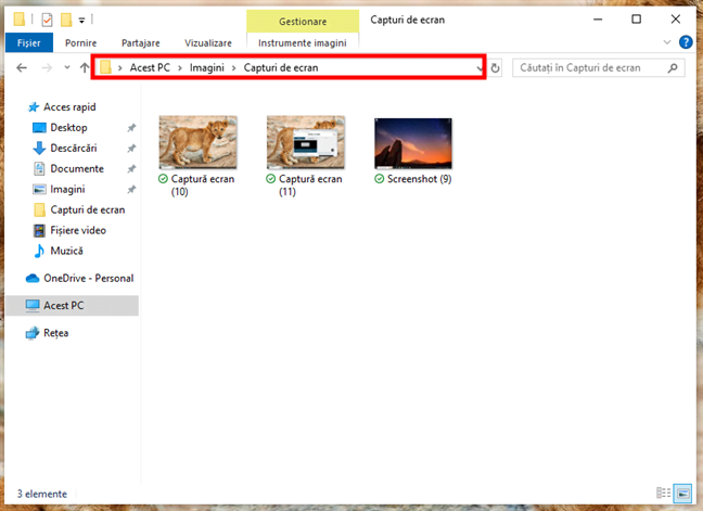 LocaÈia capturilor de ecran în Windows 10