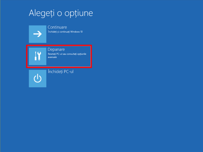 Alege Depanare pentru a-È›i reseta PC-ul