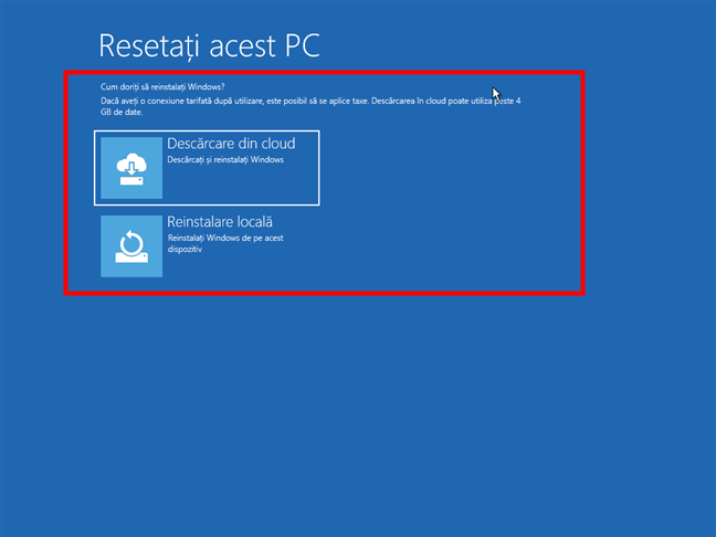 Alege Ã®ntre DescÄƒrcare din cloud È™i Reinstalare localÄƒ