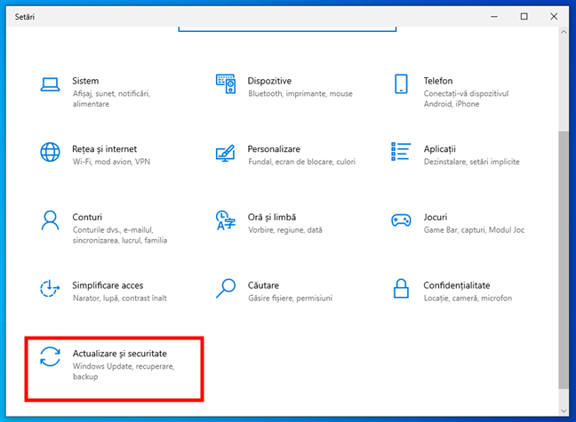 Deschide Actualizare È™i securitate Ã®n SetÄƒri
