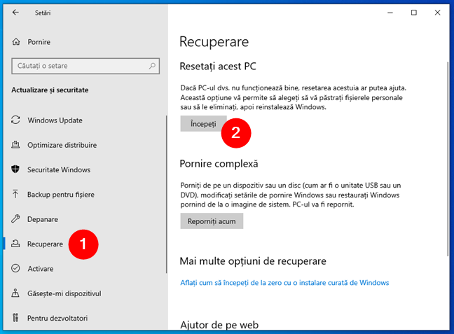 ÃŽncepe procesul de resetare Ã®n Windows 10