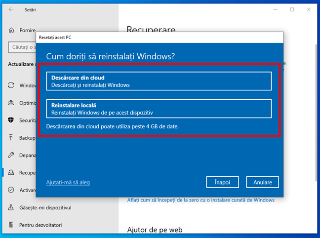 SelecteazÄƒ DescÄƒrcare din cloud sau Reinstalare localÄƒ pentru Windows 10