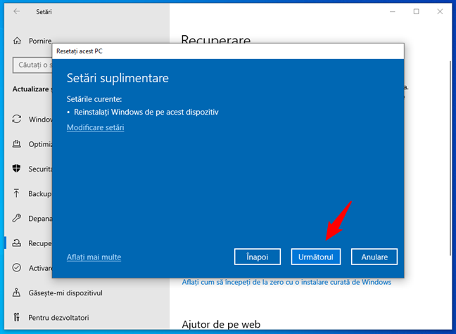 SetÄƒri suplimentare pentru resetarea Windows 10