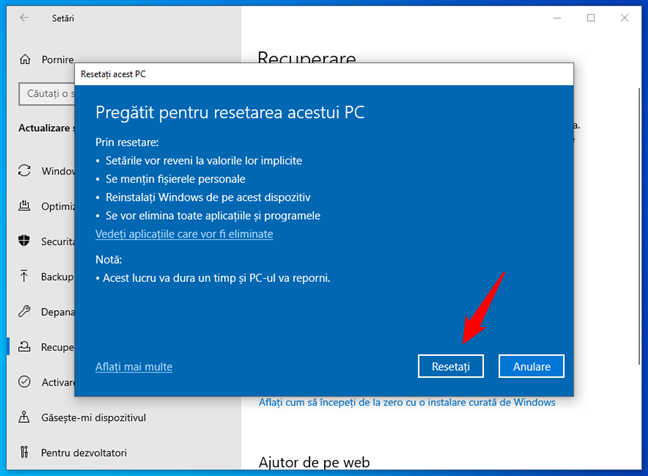 PregÄƒtit pentru resetarea acestui PC