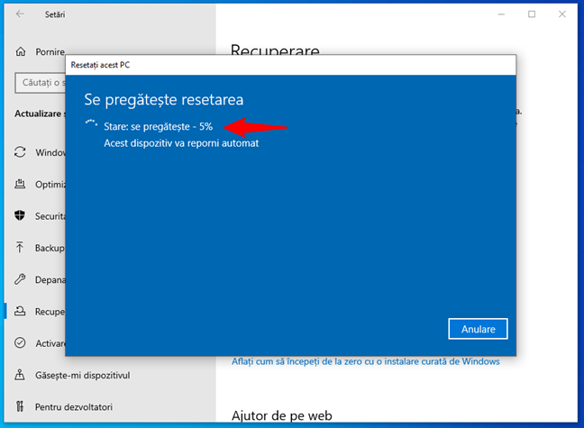 Se pregÄƒteÈ™te resetarea Windows 10