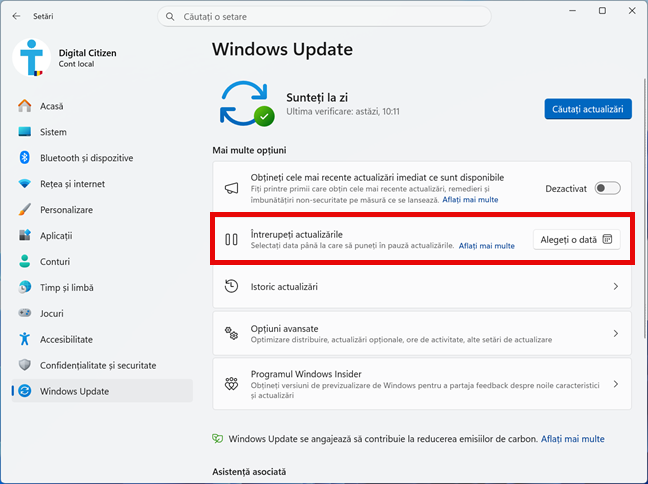 SetÄri > Windows Update > ÃntrerupeÈi actualizÄrile