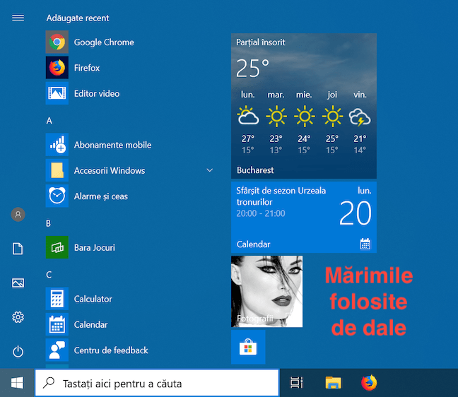 Dale de toate dimensiunile (mare, lat, mediu Èi mic) în Meniul Start din Windows 10