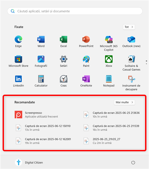 SecÈiunea Recomandate din Meniul Start în Windows 11