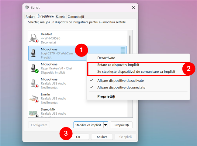 FoloseÈte meniul contextual pentru a seta microfonul implicit în fereastra Sunet
