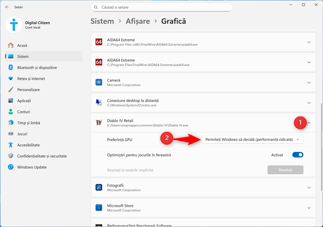 D&Auml; clic pe numele jocului &Egrave;i alege preferin&Egrave;a pentru GPU