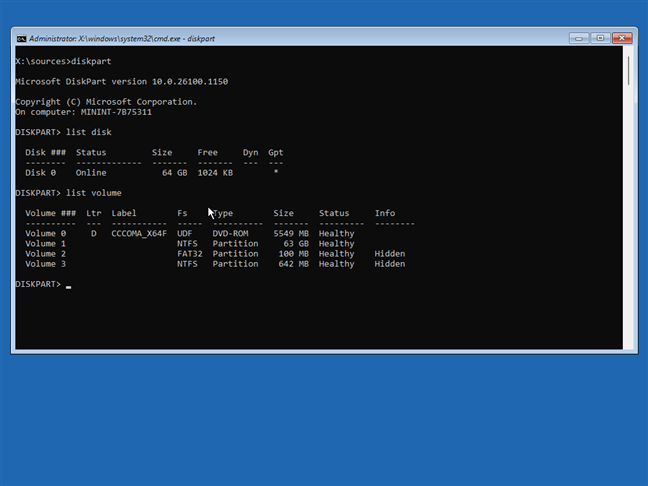 FoloseÈte diskpart dupÄ deschiderea Liniei de comandÄ la pornire