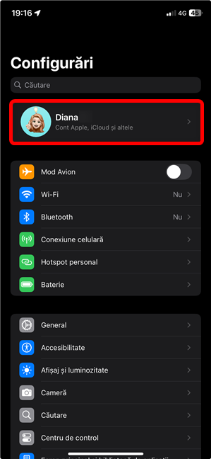 SecÈiunea Cont Apple în ConfigurÄrile unui iPhone