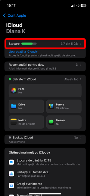 AcceseazÄ Stocare pe ecranul iCloud