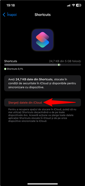 Èterge datele din iCloud pentru aplicaÈia pe care o resetezi