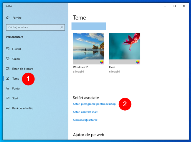 AcceseazÄ SetÄri pictograme pentru desktop din fila Teme în Windows 10