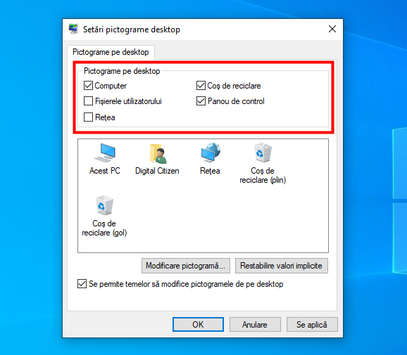 SelecteazÄ pictogramele pe care le vrei pe desktop în Windows 10