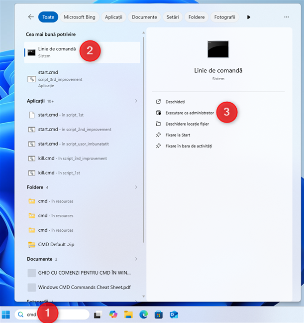 Execut&Auml; ca administrator folosind C&Auml;utarea din Windows 11