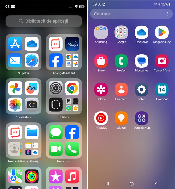 Biblioteca de aplicaÈ›ii de pe iPhone versus sertarul de aplicaÈ›ii din Android pe un Samsung Galaxy