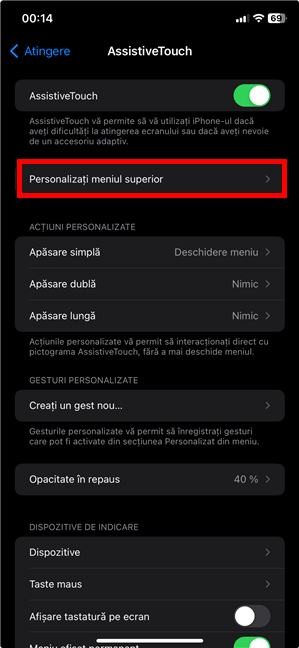 PersonalizaÈ›i meniul superior