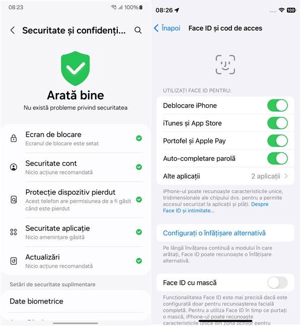 OpÈ›iuni de securitate pe Samsung Galaxy vs. iPhone