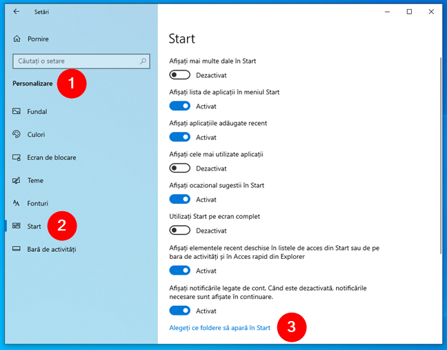 AcceseazÄƒ SetÄƒri > Personalizare > Start È™i apasÄƒ pe AlegeÈ›i ce foldere sÄƒ aparÄƒ Ã®n Start