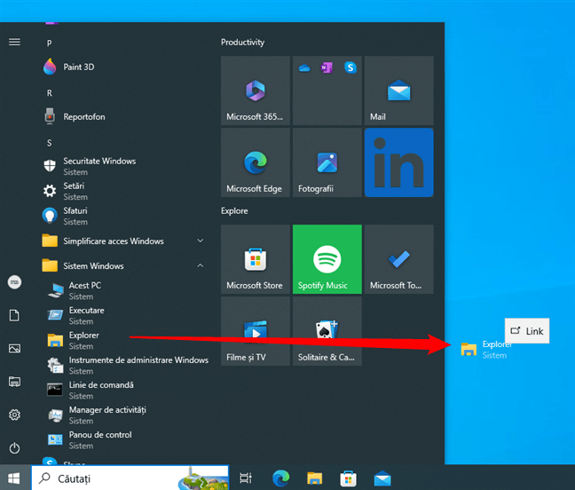 ScurtÄƒtura File Explorer fixatÄƒ pe desktopul din Windows 10